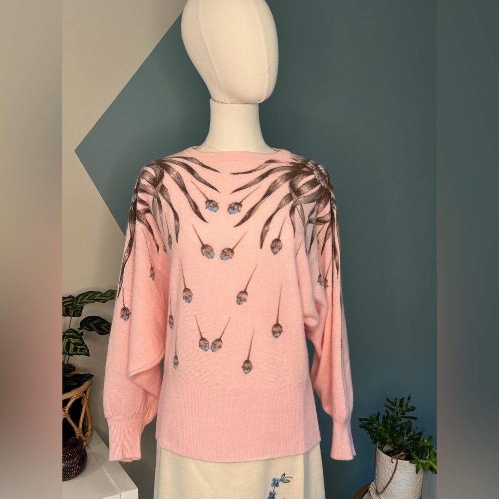 Vintage 80s/90s Marianna di Firenze Pink Lambswool Angora Floral Sweater Size M